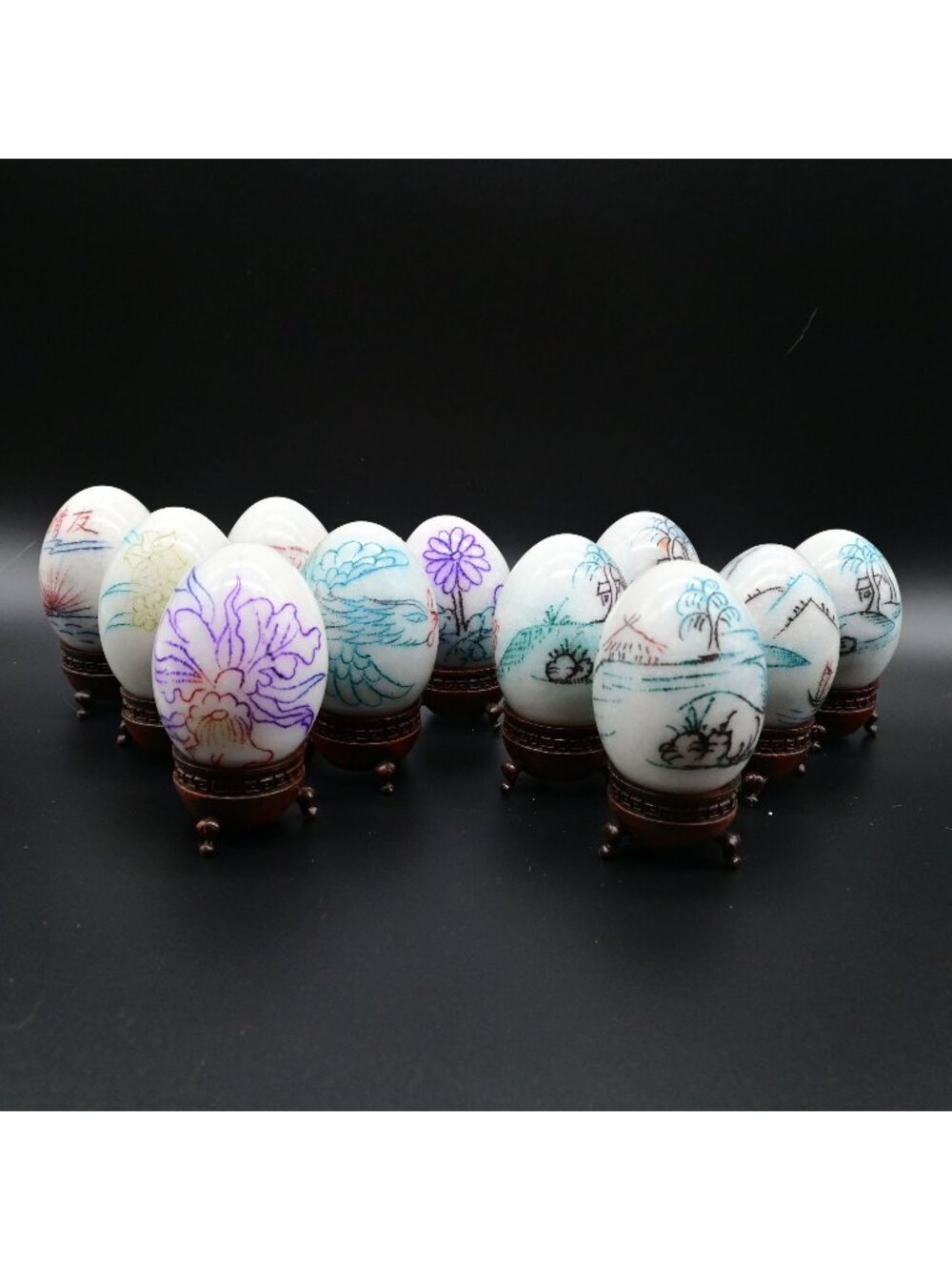 Chinese Etched Painted Marble Eggs With Stands Lot Of 11